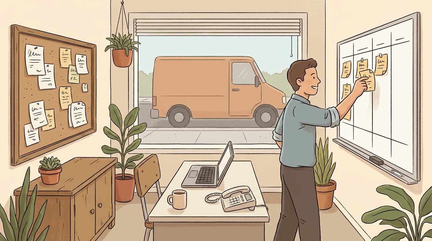 Illustration of a dispatcher moving job cards from an old wall board to a new one, with a laptop, a desk phone, and a work van visible through the office window.